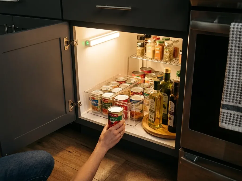 LED motion sensor light bar illuminating deep corner cabinet interior showing organized contents