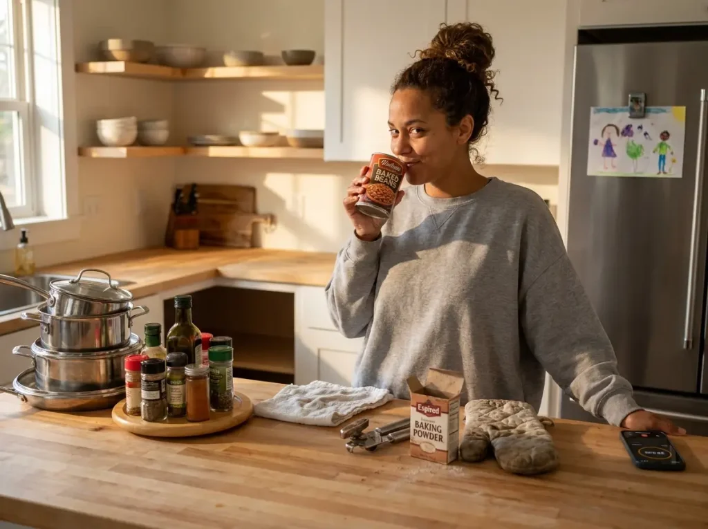 Person removing all items from corner cabinet onto kitchen counter for monthly organization reset