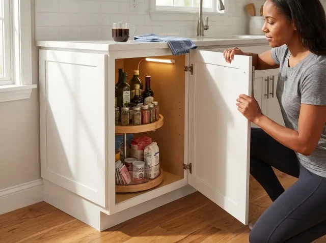 Open corner kitchen cabinet showing organized bins and turntable with items accessible