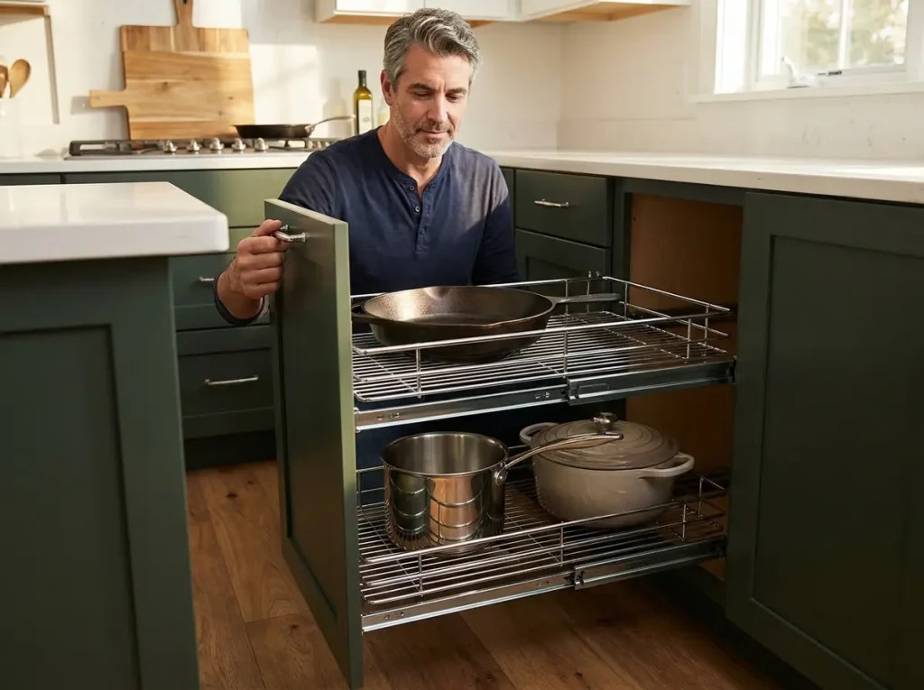 Pull-out shelf system in blind corner cabinet showing pots and pans fully accessible