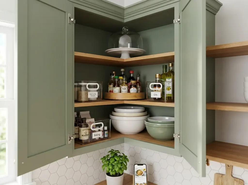 Corner cabinet L-shaped shelf with round mixing bowls and clear bins organized efficiently