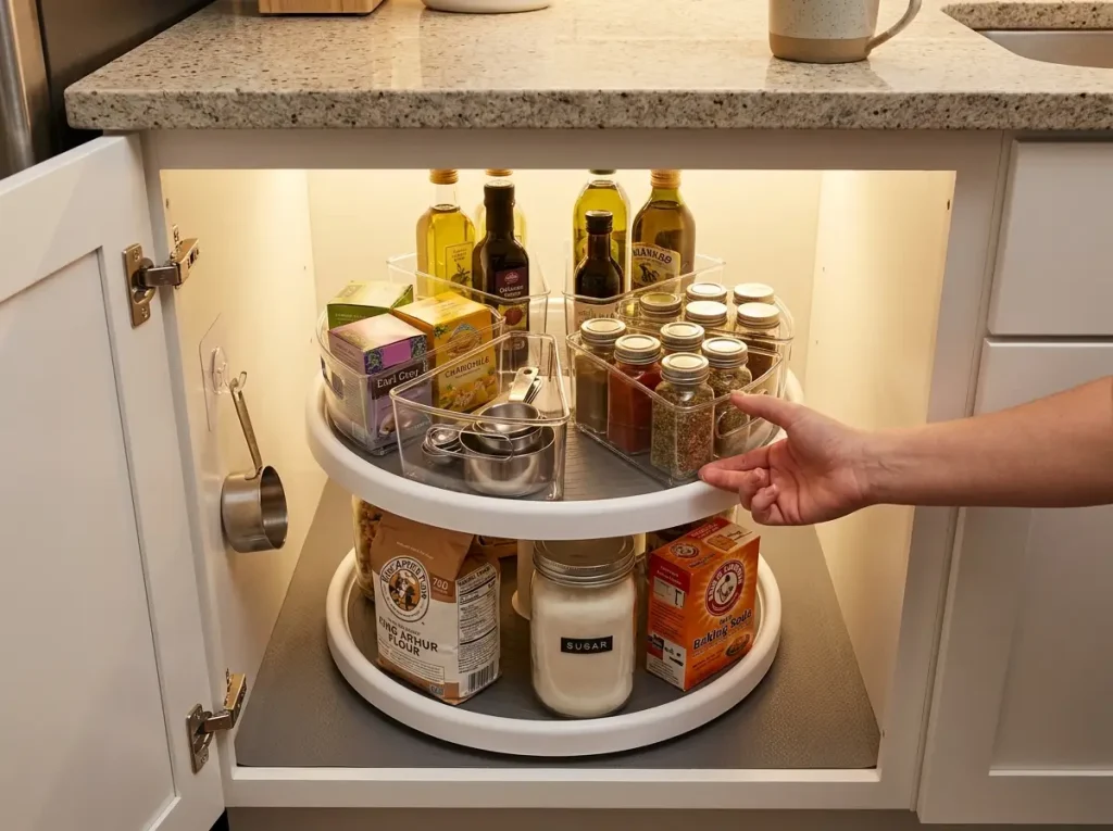 Two-tier turntable lazy susan in corner kitchen cabinet with wedge bins holding spices
