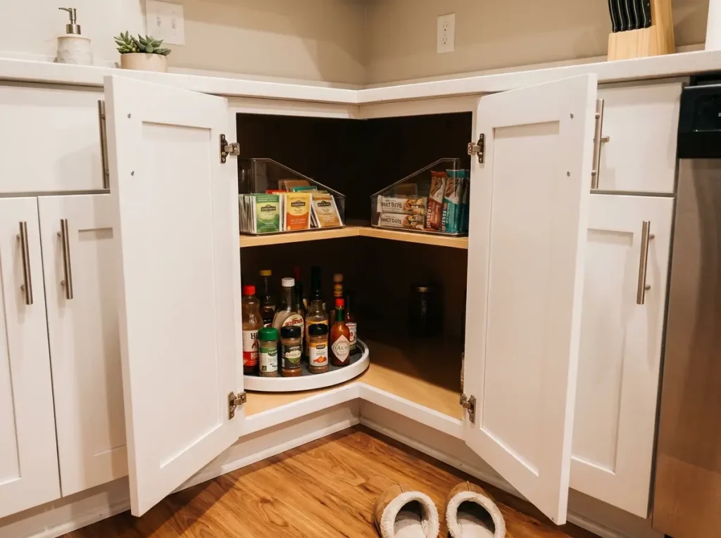 Corner kitchen cabinet open with turntable organizer holding spices and condiments