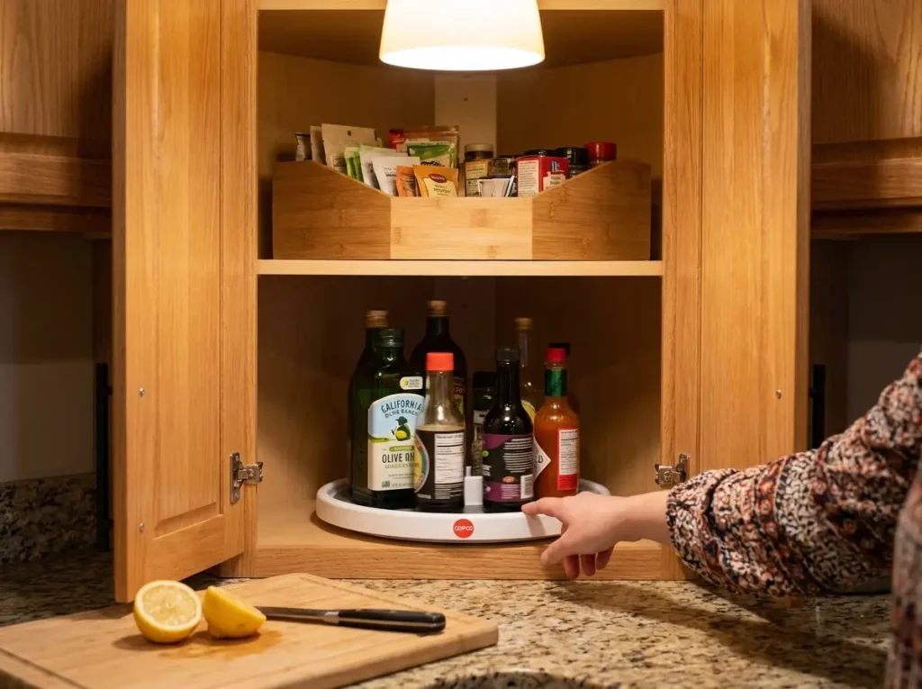 turntable lazy susan in corner kitchen cabinet with condiments and oils
