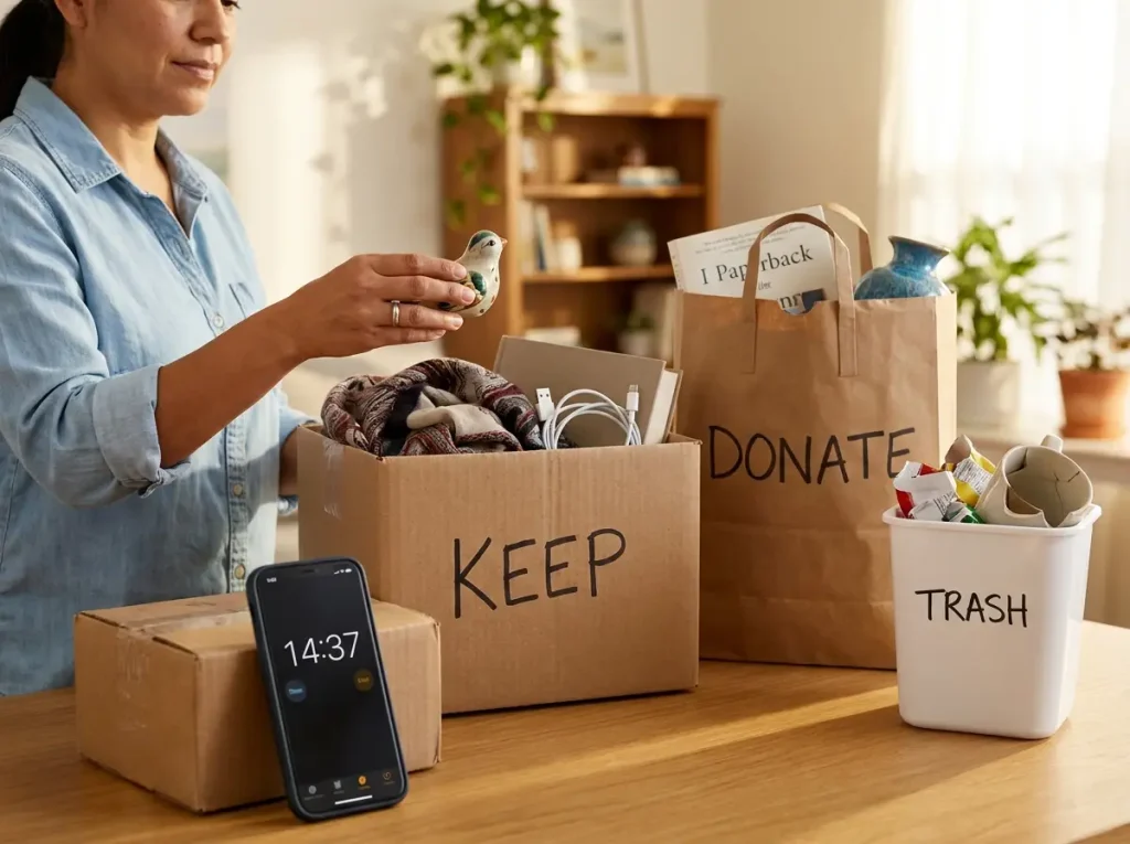 Phone timer running 15 minutes next to sorted declutter piles keep donate trash