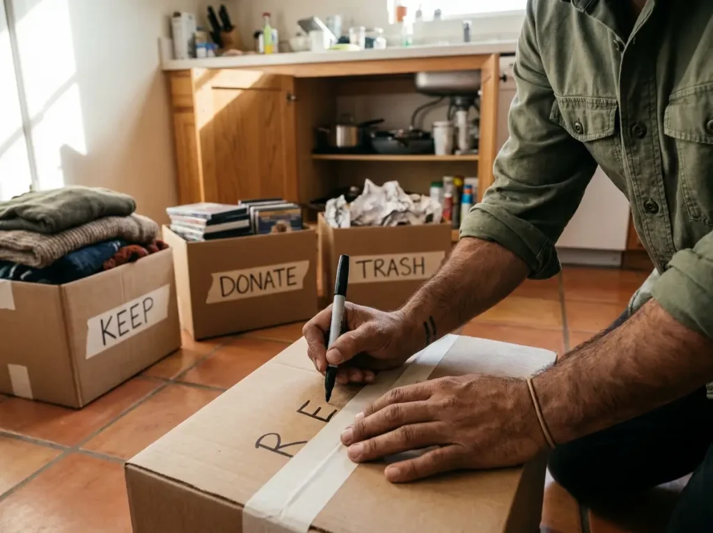 Hands labeling four cardboard sorting boxes on kitchen floor with masking tape and marker