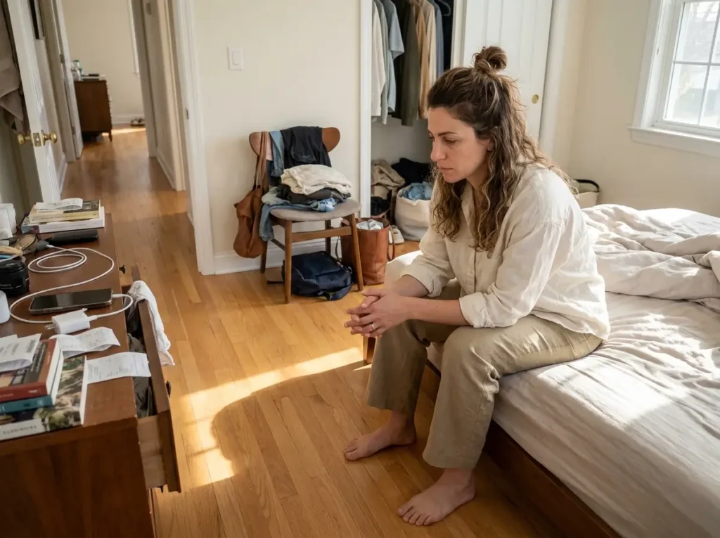 Woman sitting on edge of bed surrounded by clutter looking overwhelmed before decluttering