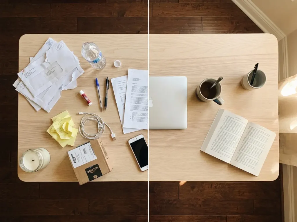 Overhead flat-lay comparison of cluttered desk versus cleared desk surface with minimal items