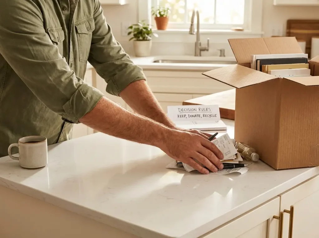 Hands sweeping items from a cluttered kitchen counter into a box to clear visual overwhelm
