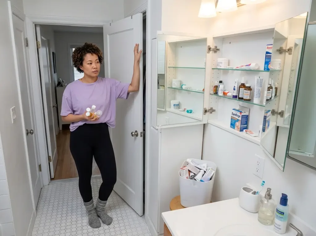 Woman decluttering bathroom medicine cabinet expired products in hand bathroom first rule