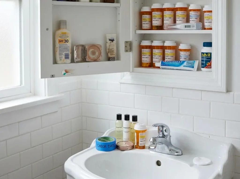 Open medicine cabinet with organized contents next to a small pile of expired bathroom products ready for disposal