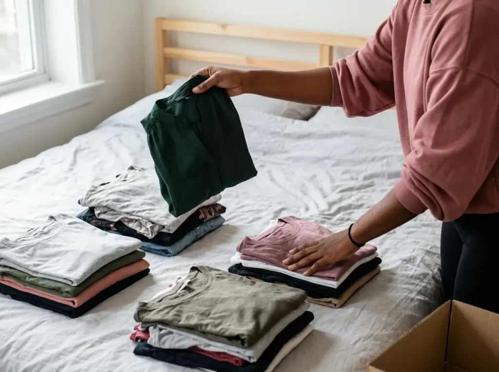 African American woman's hands sorting through a pile of folded clothes on a bed evaluating each item for keep or donate