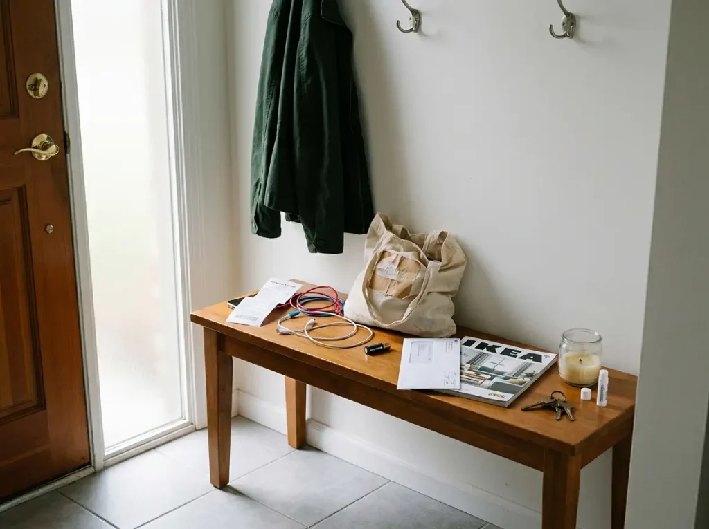 Cluttered entryway bench covered in accumulated household items including mail cables and random objects before decluttering