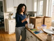 Decluttering Checklist for Every Room That Sticks Italian American woman in early 30s sorting kitchen items into cardboard boxes labeled Keep Donate Trash during a home declutter session
