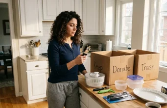 Decluttering Checklist for Every Room That Sticks Italian American woman in early 30s sorting kitchen items into cardboard boxes labeled Keep Donate Trash during a home declutter session