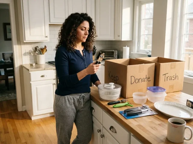 Italian American woman in early 30s sorting kitchen items into cardboard boxes labeled Keep Donate Trash during a home declutter session