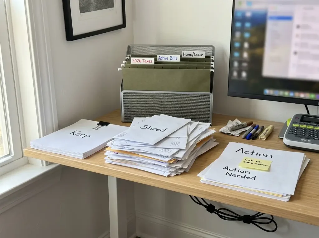 Home office desk with sorted paper piles labeled keep and shred alongside labeled file folders after a declutter session