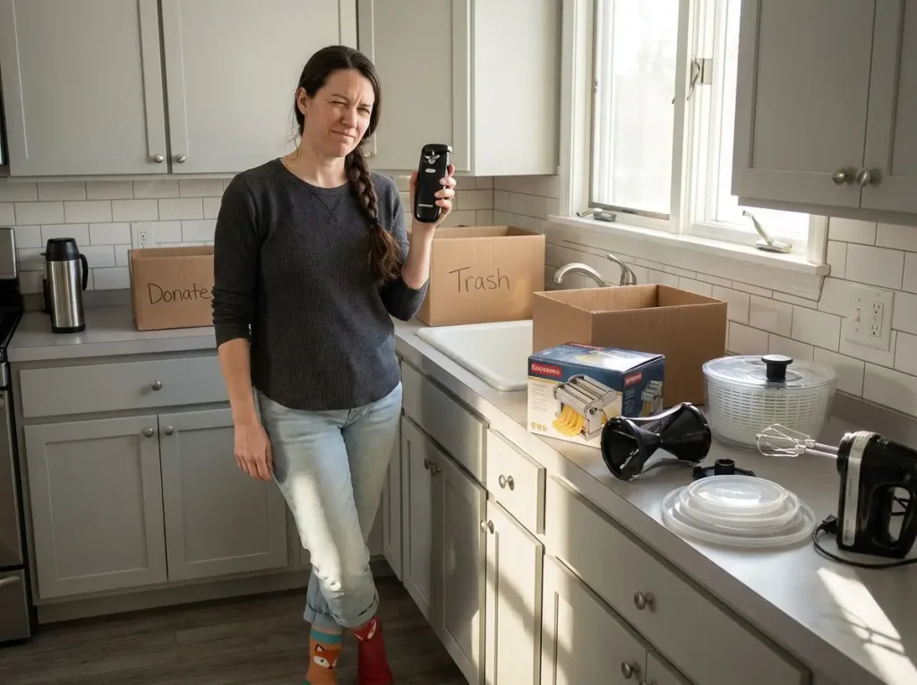 German American woman in late 30s mid-session sorting kitchen gadgets and containers into donate and trash boxes at kitchen counter