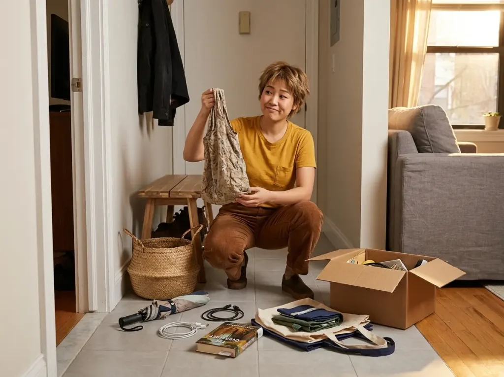 Chinese American woman kneeling at entryway bench sorting a woven basket during a home declutter session with donation box nearby