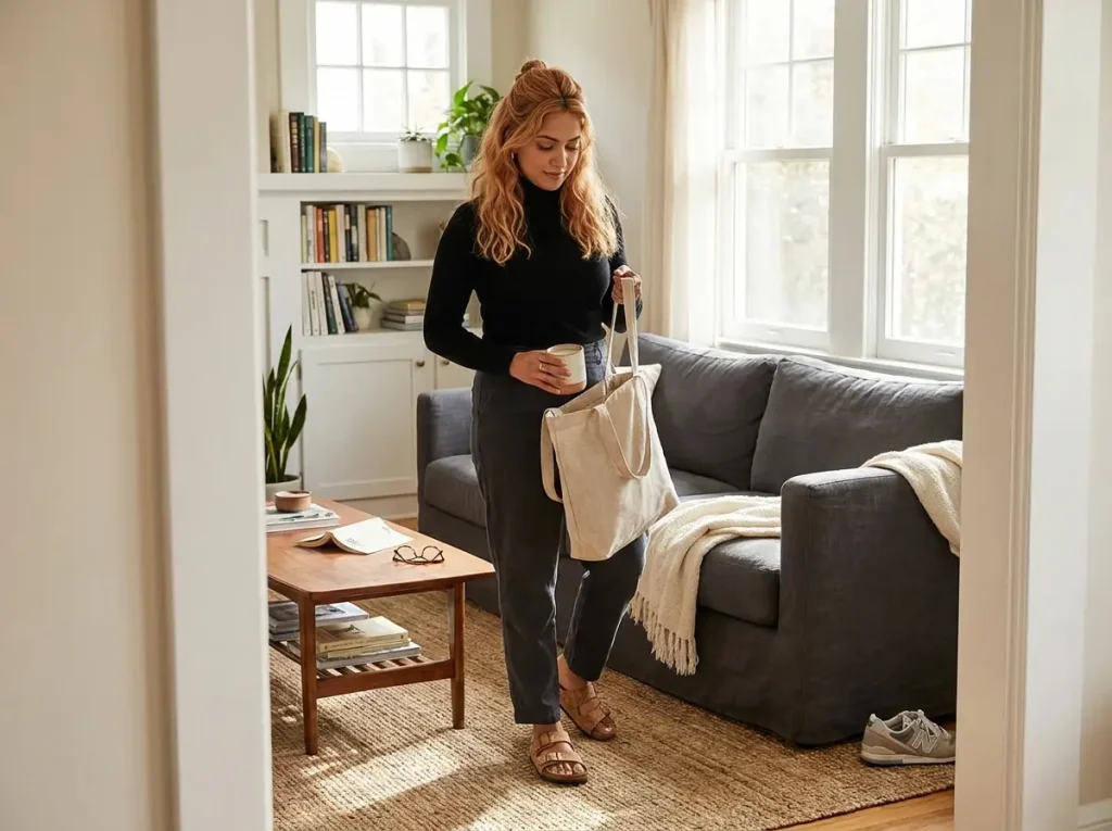 Indian American woman doing a quick ten-minute quarterly declutter scan of organized living room placing one item in a fabric tote bag