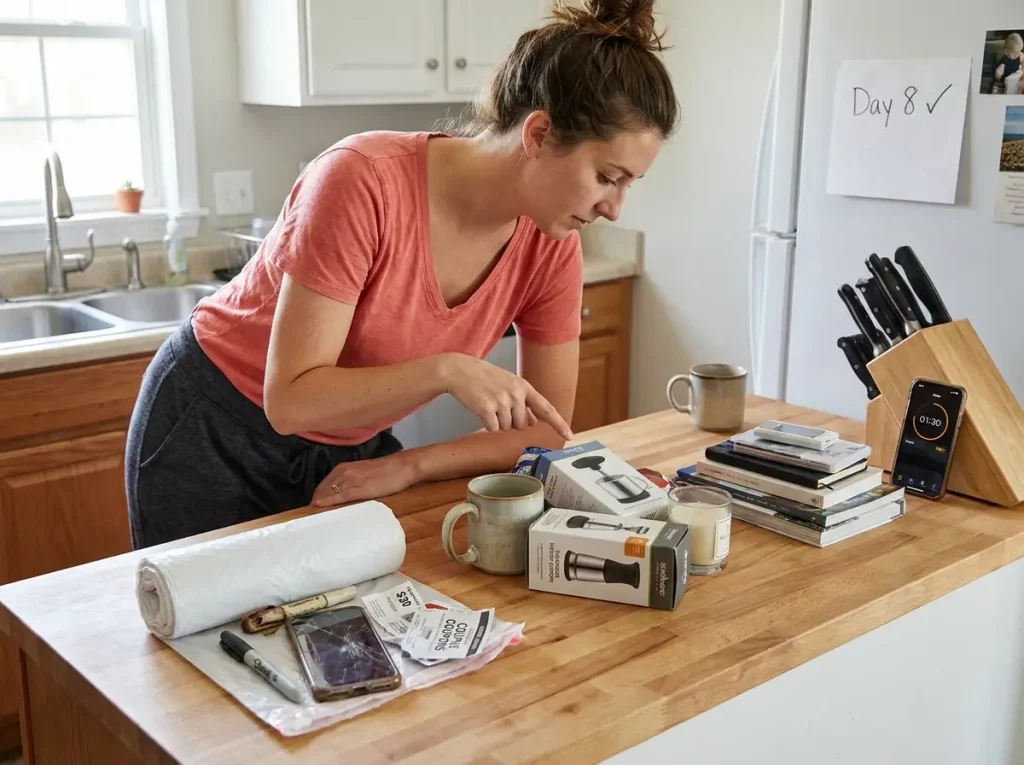 8 Decluttering Methods That Work Past the First Week 5 Woman with 12-12-12 challenge items sorted in three groups on kitchen counter