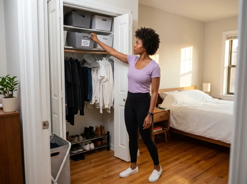 8 Decluttering Methods That Work Past the First Week 13 African American woman placing labeled storage bin on organized closet shelf as part of maintenance system