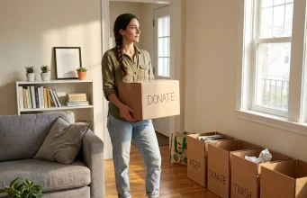 8 Decluttering Methods That Work Past the First Week Woman holding donate box in decluttered living room with four sorted cardboard boxes on floor