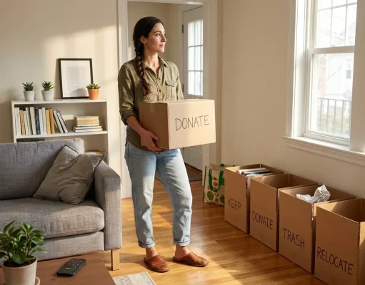 8 Decluttering Methods That Work Past the First Week Woman holding donate box in decluttered living room with four sorted cardboard boxes on floor