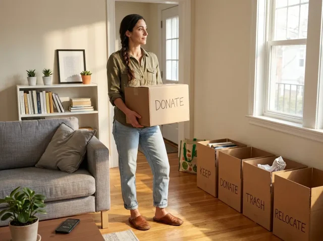 decluttering-methods-donate-box-living-room Woman holding donate box in decluttered living room with four sorted cardboard boxes on floor
