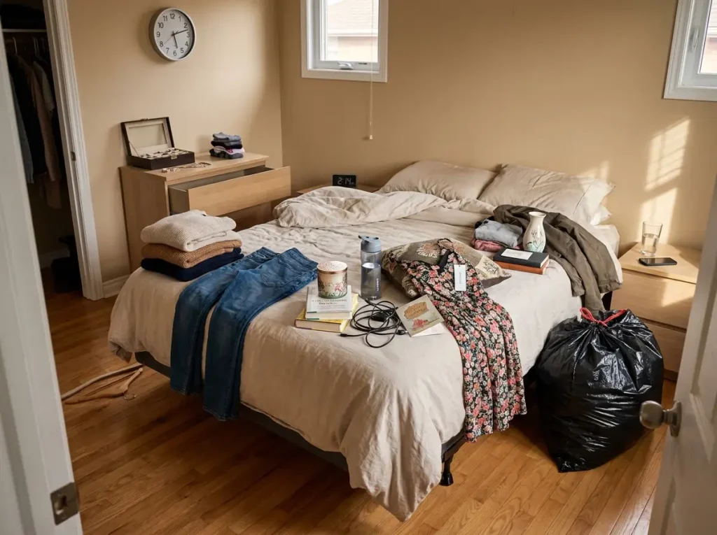 8 Decluttering Methods That Work Past the First Week 1 Bedroom with clothes sorted into piles on bed mid-declutter, doom pile still visible on one side
