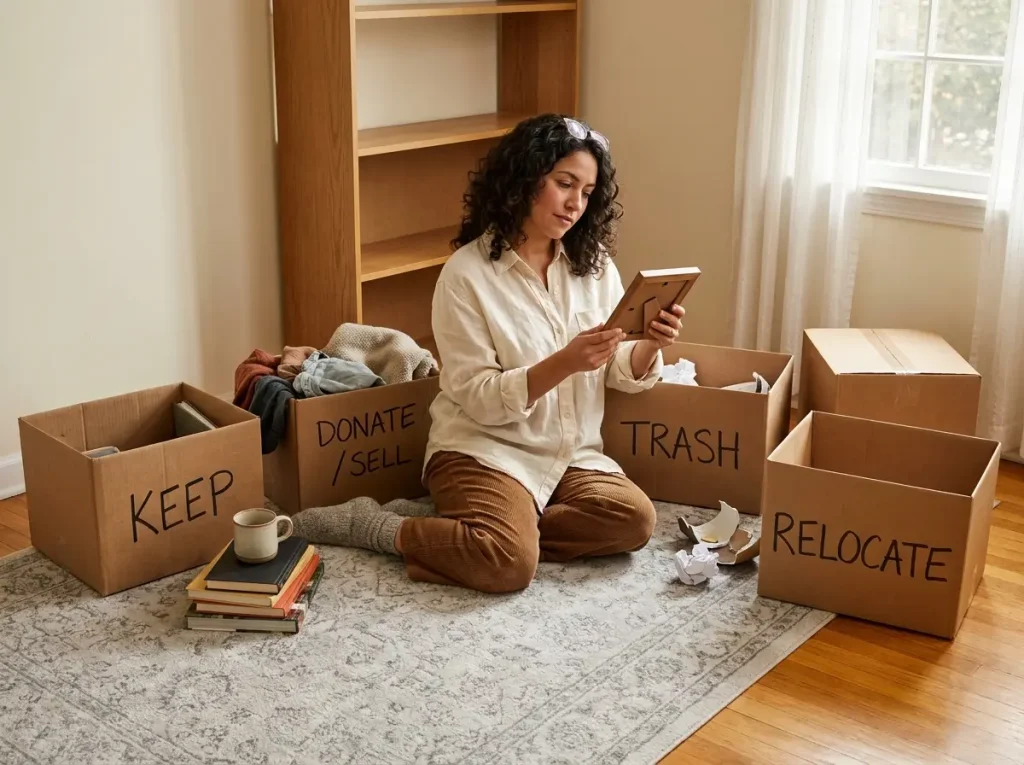 8 Decluttering Methods That Work Past the First Week 7 Woman kneeling with four labeled cardboard boxes sorting items using four-box decluttering method