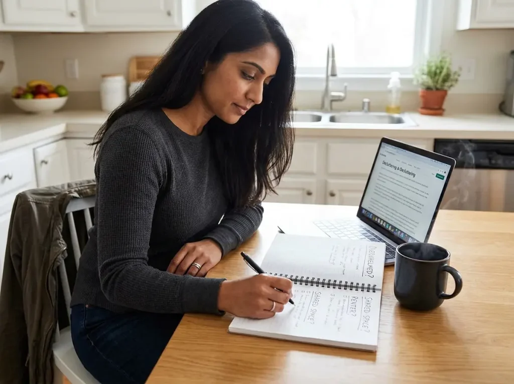 8 Decluttering Methods That Work Past the First Week 11 Woman writing in notebook at kitchen table with decision framework for choosing decluttering method