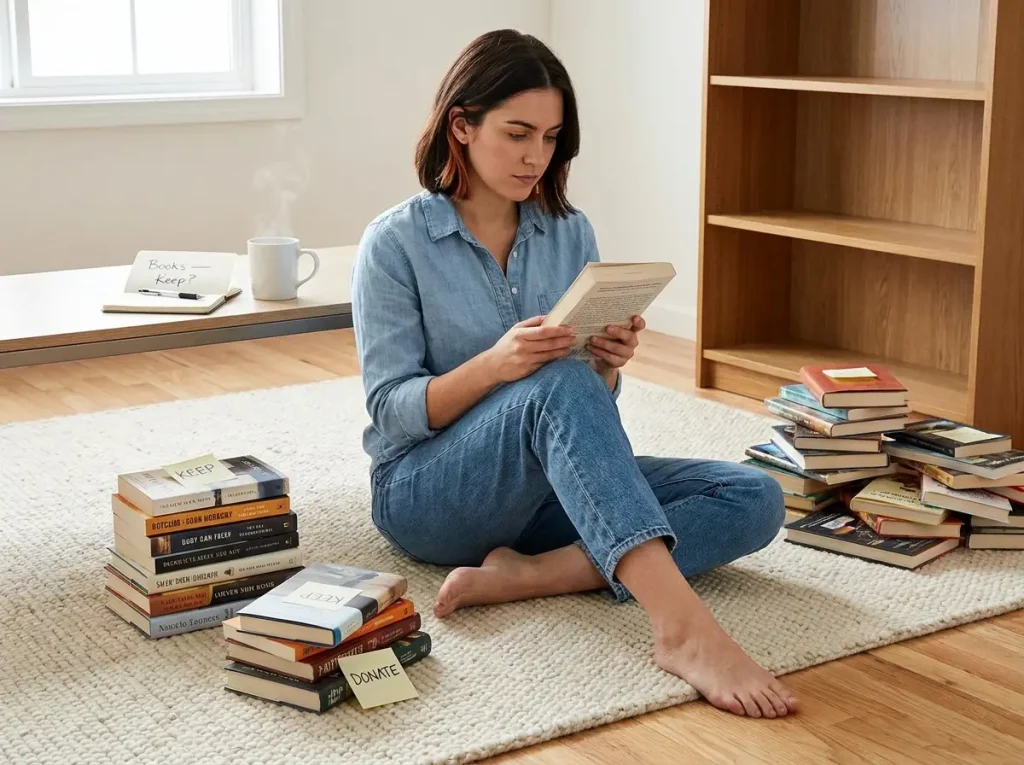 8 Decluttering Methods That Work Past the First Week 3 Woman sitting on floor sorting books into keep pile during KonMari method session