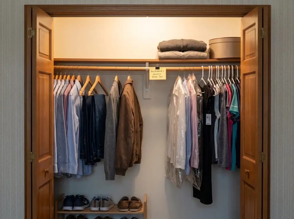 8 Decluttering Methods That Work Past the First Week 9 Reach-in closet with hangers in two directions — forward-facing worn clothes and backward-facing unworn items