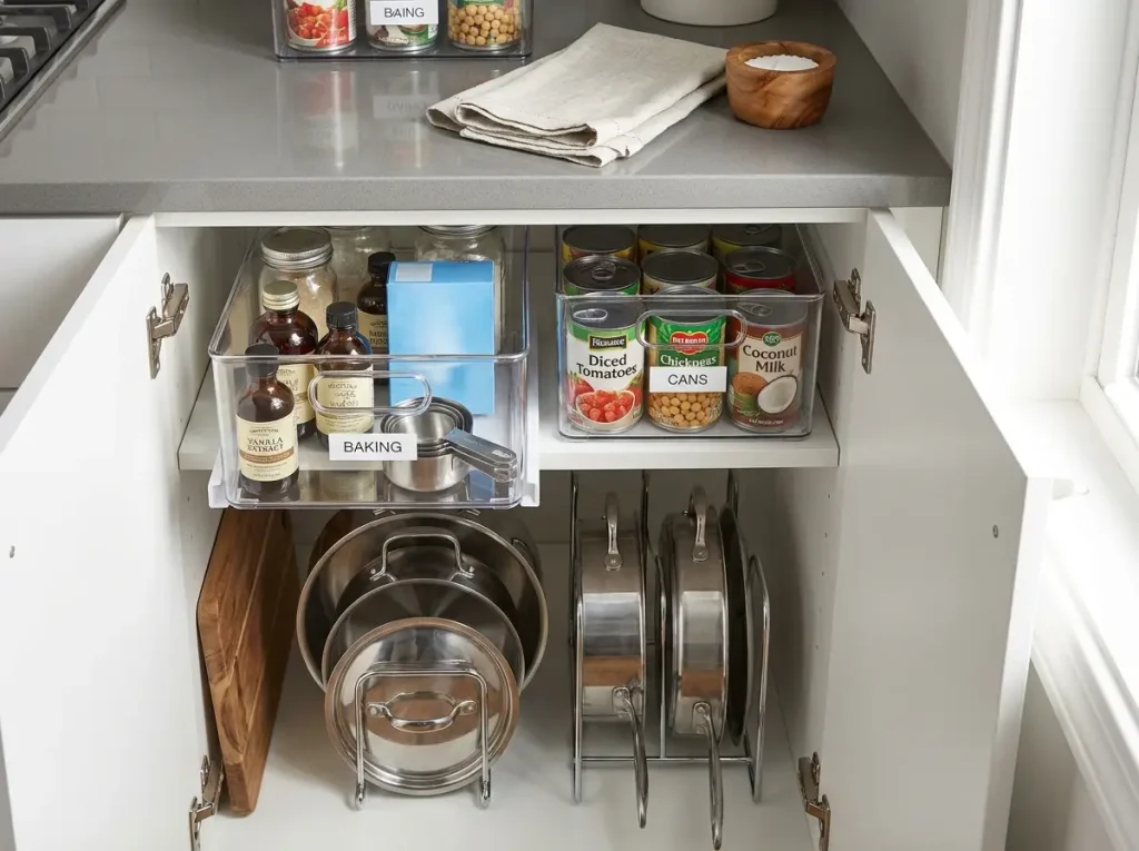 Organized deep kitchen cabinet with front zone pots and back zone pull-forward bins