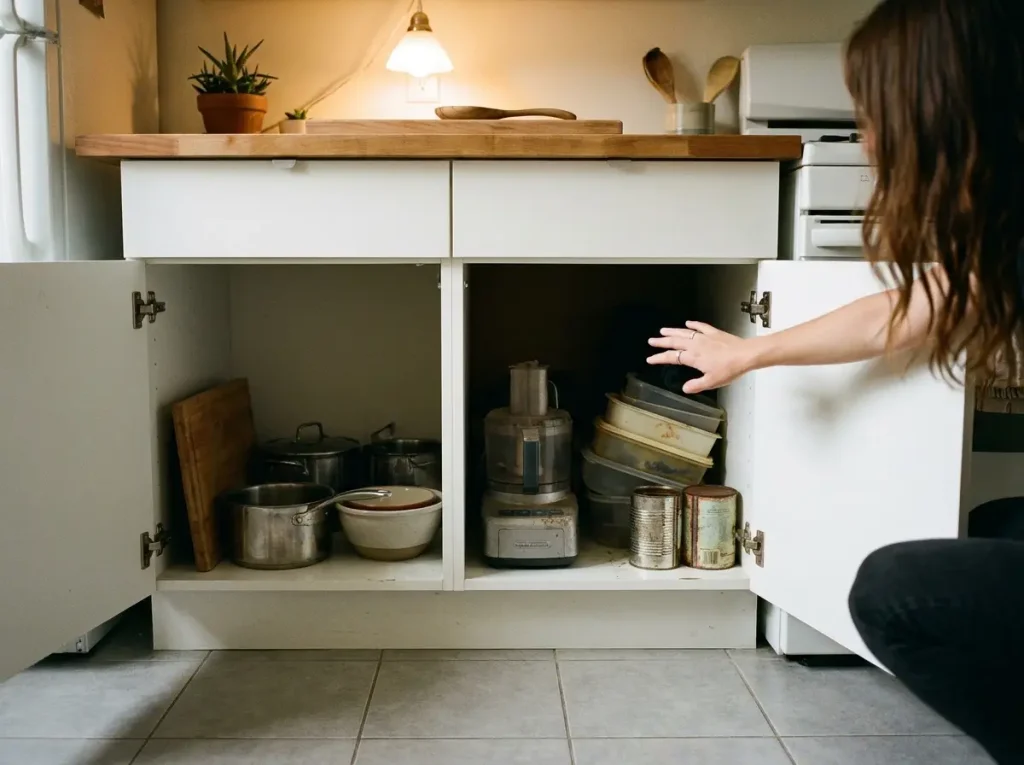 Side view of deep kitchen cabinet showing 24-inch depth with items hidden in back