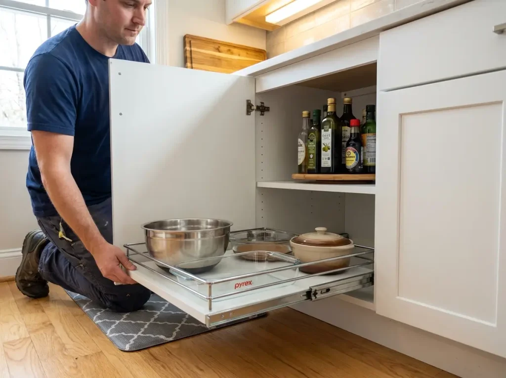 Pull-out cabinet organizer extended from deep lower kitchen cabinet with pots visible