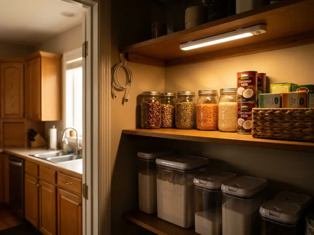 LED motion sensor light mounted under pantry shelf front edge illuminating deep shelf contents