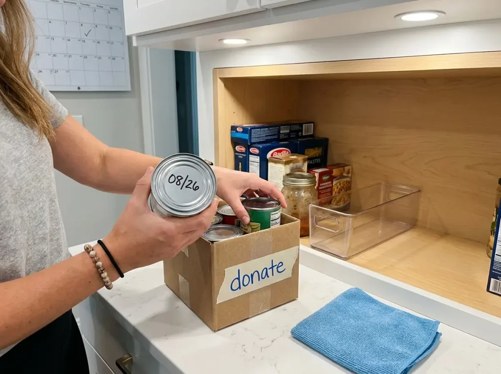 Hands sorting expired cans from the back of a deep pantry shelf during monthly reset