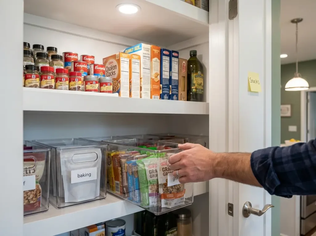 Clear storage bins on deep pantry shelf pulled forward showing organized snacks and grains