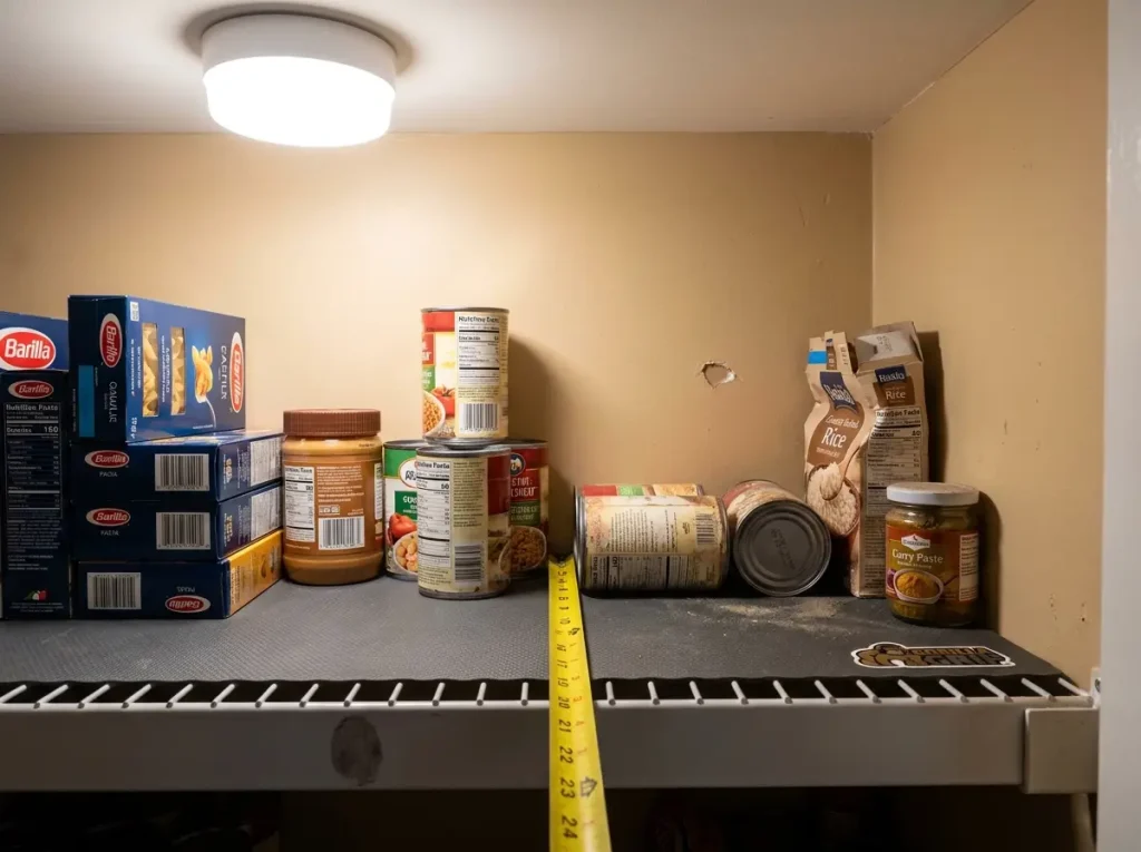 Side view of deep pantry shelf showing expired items hidden in the back eight inches