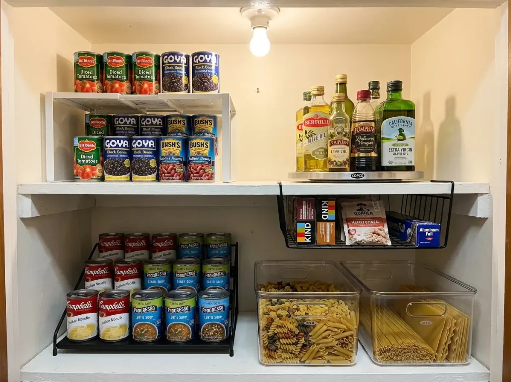 Pantry shelf riser with tiered canned goods and under-shelf basket holding snack packets