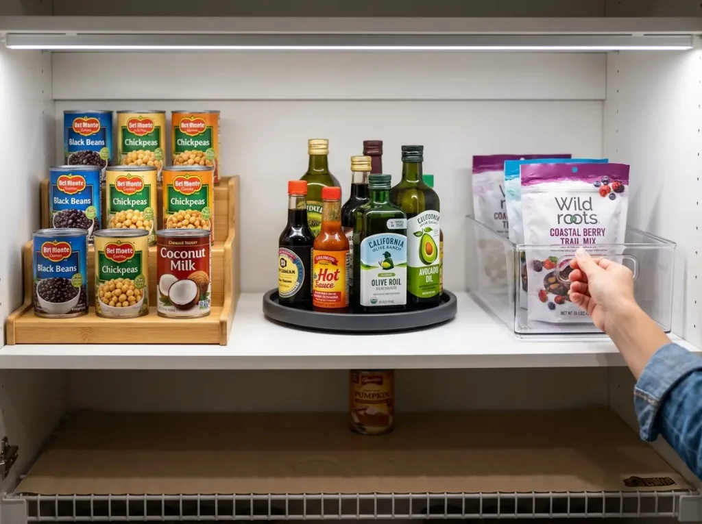 Turntable and shelf riser on deep pantry shelf making back-row items visible