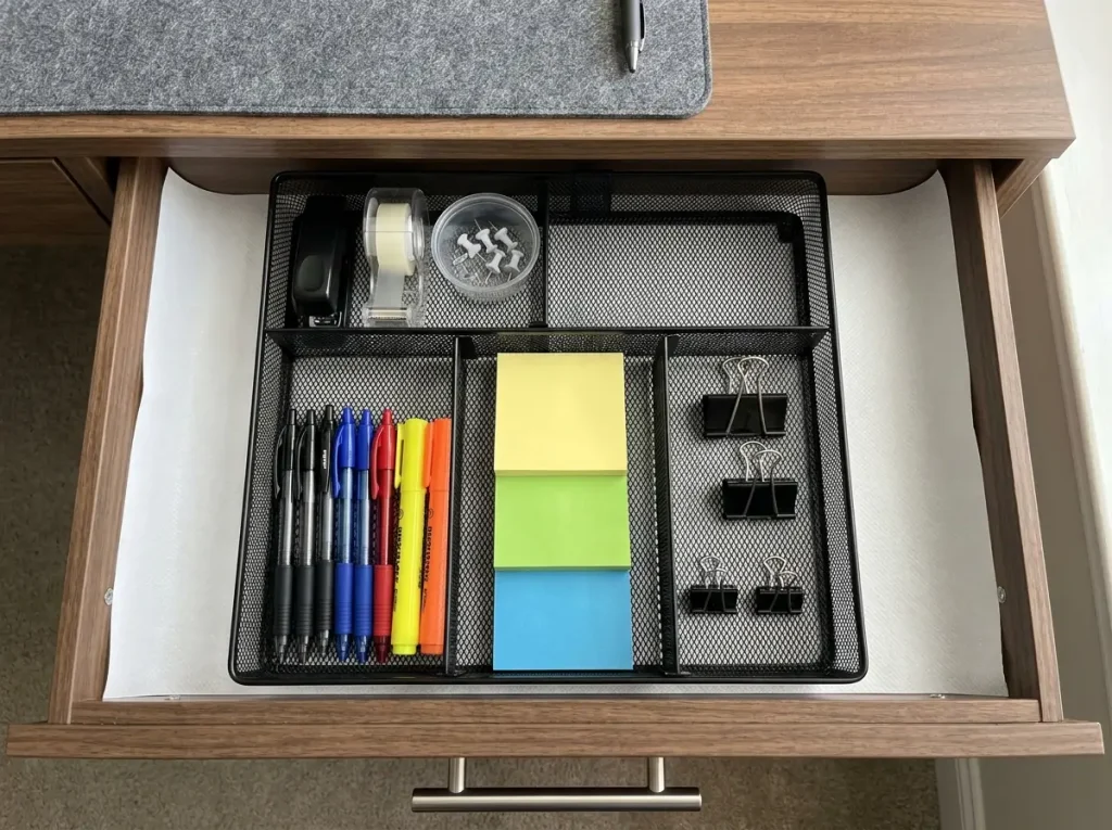 Organized desk drawer with expandable mesh dividers holding office supplies by category