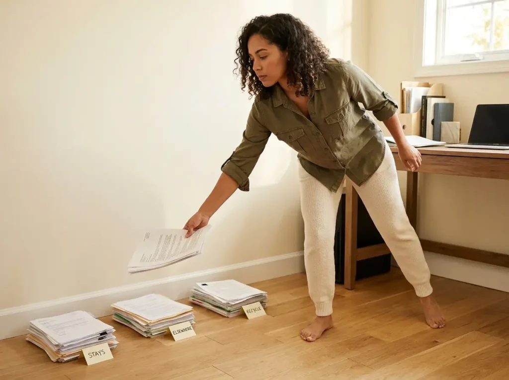Latina woman sorting items from a messy desk into organized piles on the floor beside her