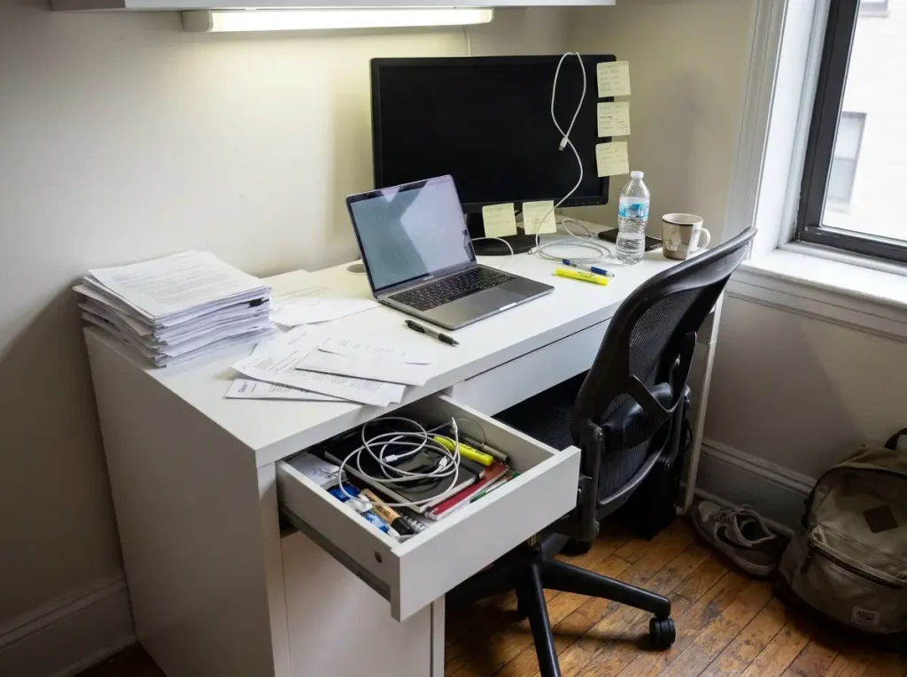 Messy home office desk before organizing with paper piles, tangled cables, and random items covering the surface
