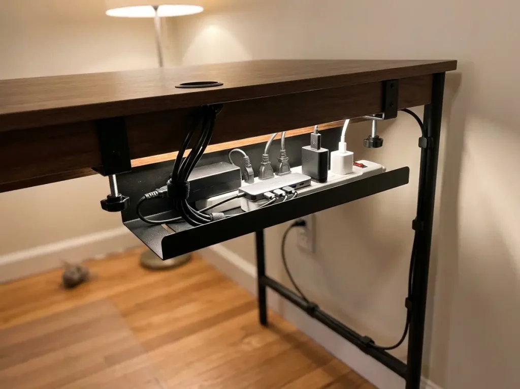 Under-desk cable management tray clamped to desk underside hiding power strip and bundled cables