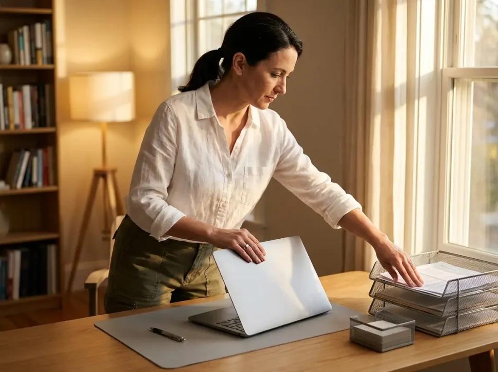 Woman at home office desk performing end-of-day reset, closing laptop with desk nearly cleared at golden hour