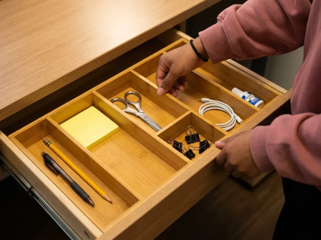 Open desk drawer with bamboo expandable organizer dividing pens, sticky notes, and office supplies by use frequency