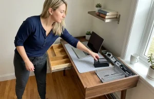 Desk Organization That Stays Neat Past the First Week Woman organizing a home office desk with zones and a bamboo drawer organizer on a compact apartment desk